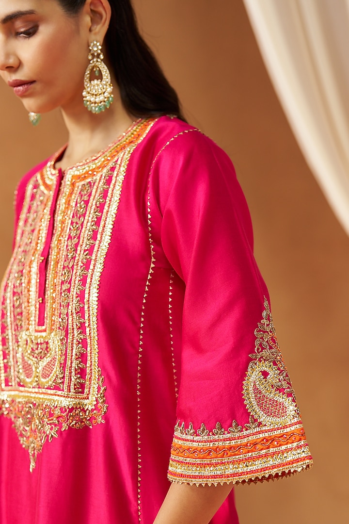 Hot Pink Pure Silk Chanderi Gota Embroidered Choga Kurta Set by Sheetal Batra at Pernia's Pop Up Shop