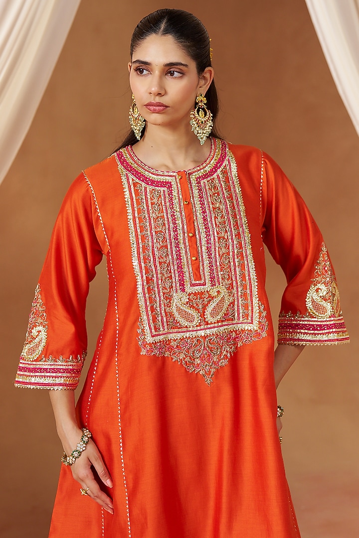 Burnt Orange Pure Silk Chanderi Gota Embroidered Choga Kurta Set by Sheetal Batra at Pernia's Pop Up Shop