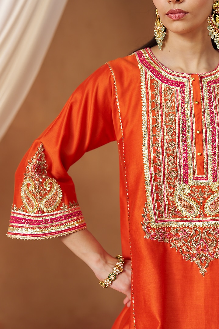 Burnt Orange Pure Silk Chanderi Gota Embroidered Choga Kurta Set by Sheetal Batra at Pernia's Pop Up Shop