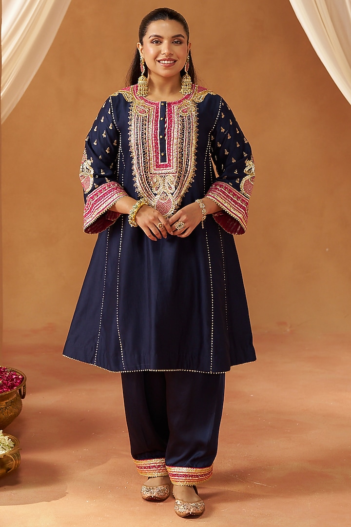Deep Blue Pure Silk Chanderi Gota Embroidered Choga Kurta Set by Sheetal Batra at Pernia's Pop Up Shop