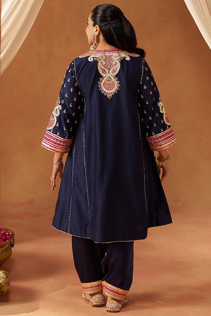 Deep Blue Pure Silk Chanderi Gota Embroidered Choga Kurta Set by Sheetal Batra at Pernia's Pop Up Shop