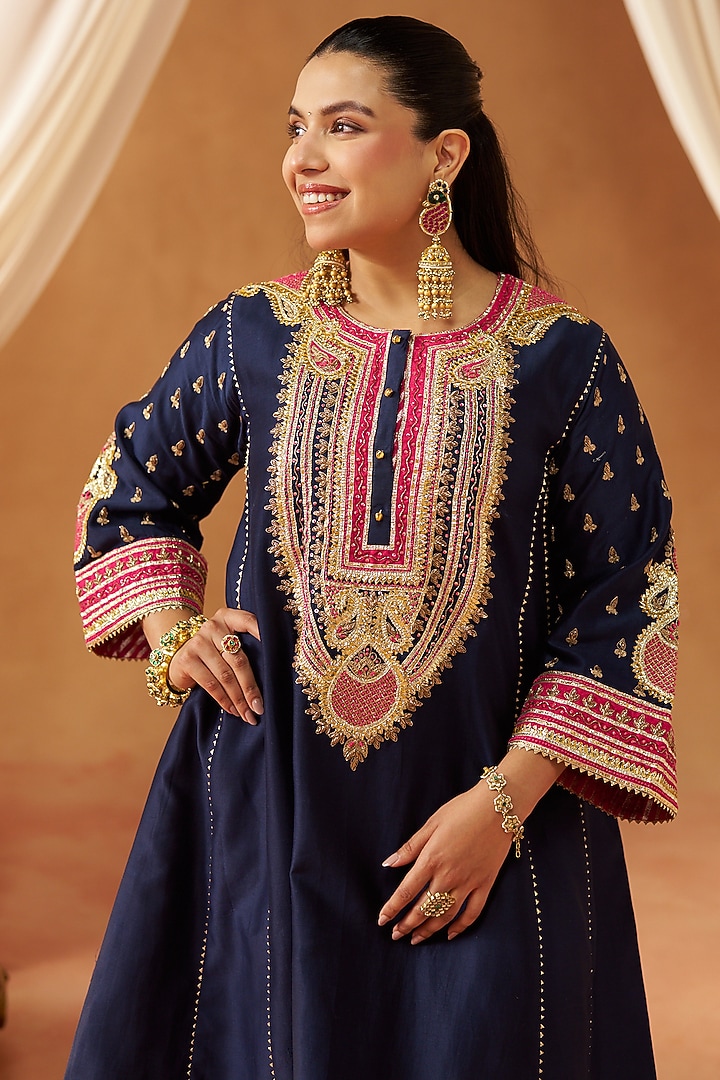 Deep Blue Pure Silk Chanderi Gota Embroidered Choga Kurta Set by Sheetal Batra at Pernia's Pop Up Shop