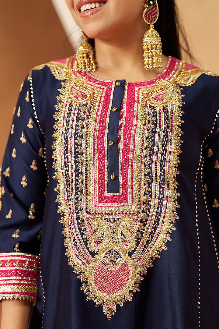 Deep Blue Pure Silk Chanderi Gota Embroidered Choga Kurta Set by Sheetal Batra at Pernia's Pop Up Shop