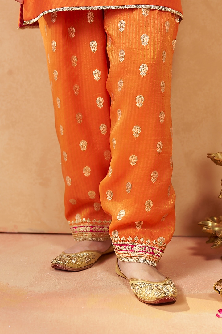 Burnt Orange Pure Silk Chanderi Sequin Embroidered Short Kurta Set by Sheetal Batra at Pernia's Pop Up Shop