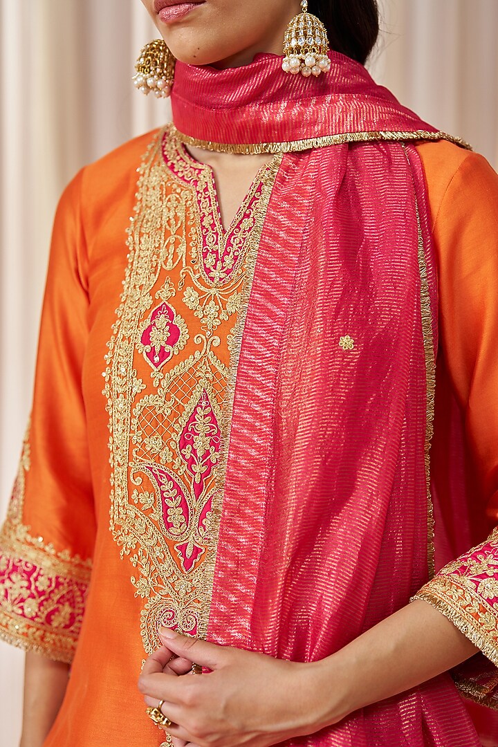 Burnt Orange Pure Silk Chanderi Sequin Embroidered Short Kurta Set by Sheetal Batra at Pernia's Pop Up Shop