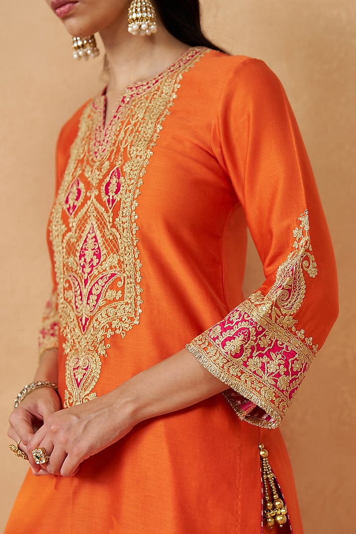 Burnt Orange Pure Silk Chanderi Sequin Embroidered Short Kurta Set by Sheetal Batra at Pernia's Pop Up Shop