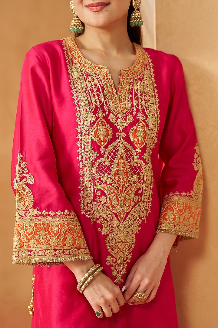 Hot Pink Pure Silk Chanderi Kashmiri Tilla Embroidered Kurta Set by Sheetal Batra at Pernia's Pop Up Shop