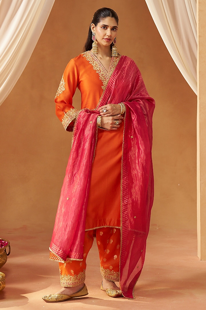 Burnt Orange Pure Silk Chanderi Sequin Embroidered Choga Kurta Set by Sheetal Batra at Pernia's Pop Up Shop