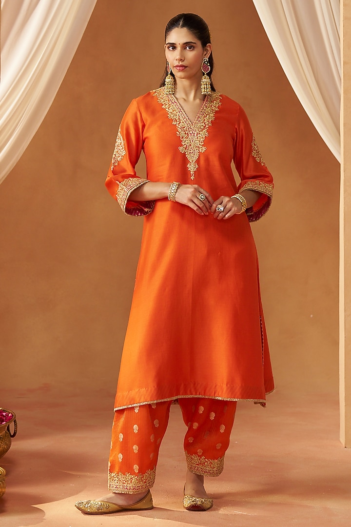 Burnt Orange Pure Silk Chanderi Sequin Embroidered Choga Kurta Set by Sheetal Batra at Pernia's Pop Up Shop