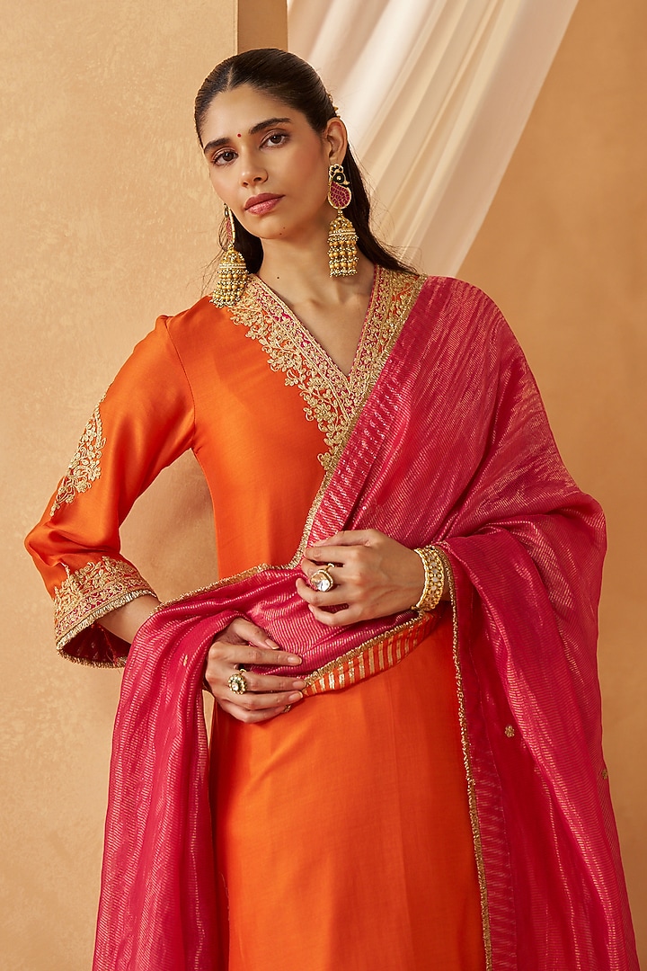 Burnt Orange Pure Silk Chanderi Sequin Embroidered Choga Kurta Set by Sheetal Batra at Pernia's Pop Up Shop