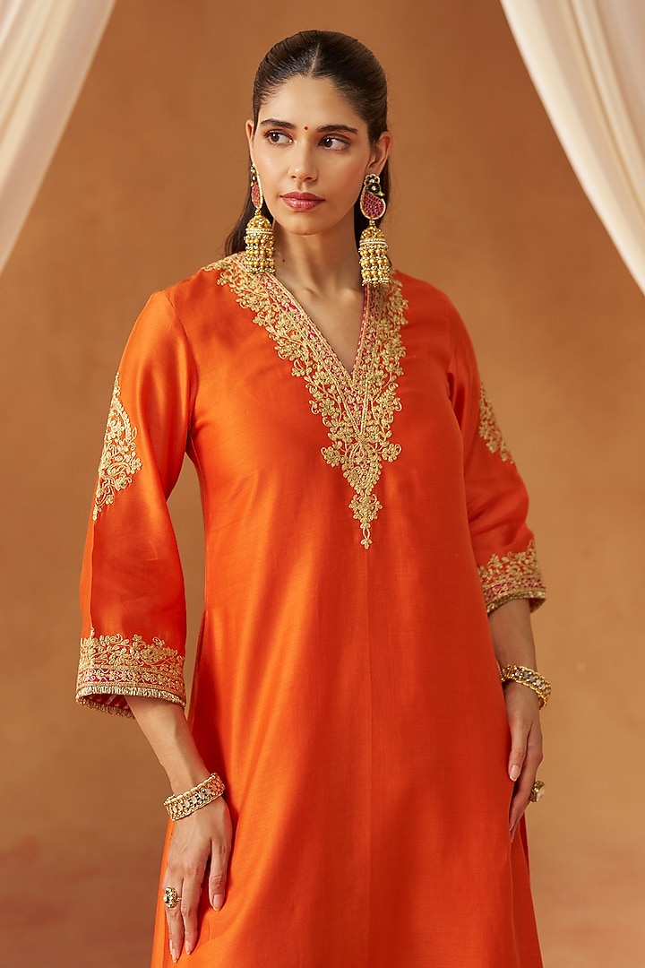 Burnt Orange Pure Silk Chanderi Sequin Embroidered Choga Kurta Set by Sheetal Batra at Pernia's Pop Up Shop