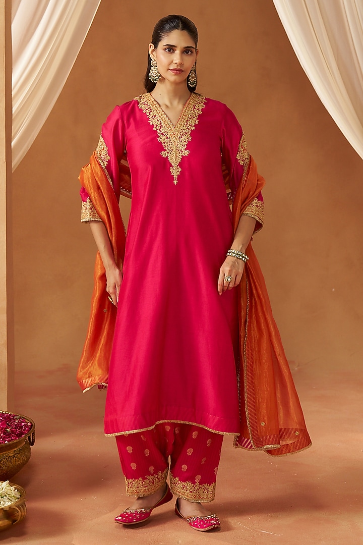 Hot Pink Pure Silk Chanderi Sequin Embroidered Choga Kurta Set by Sheetal Batra at Pernia's Pop Up Shop