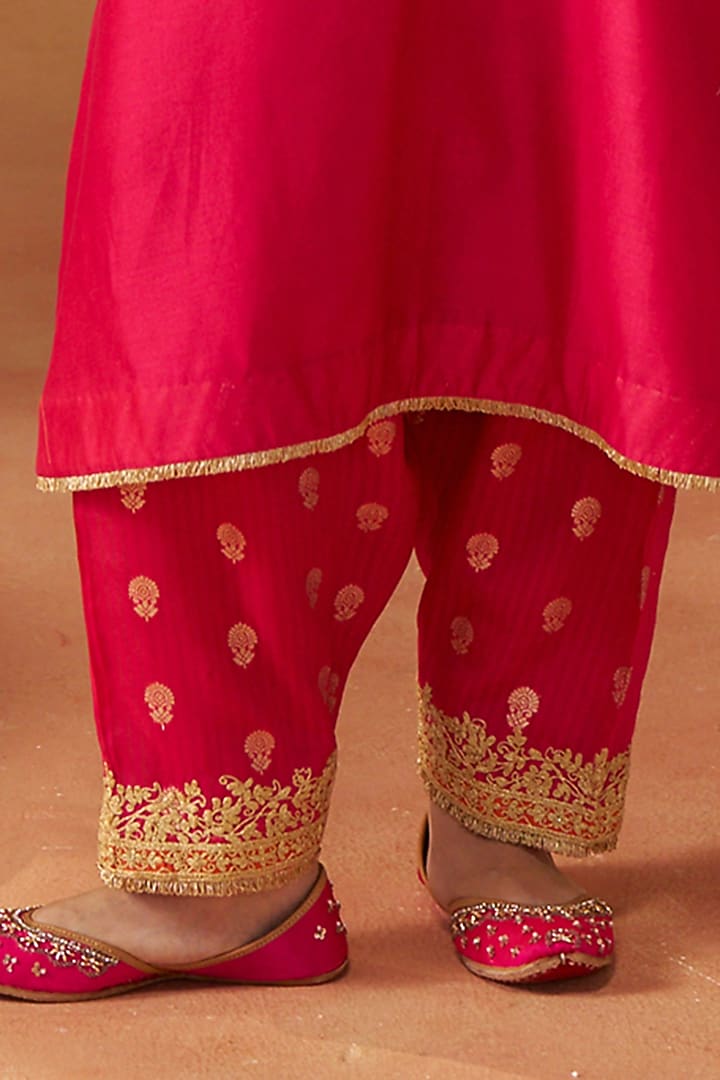 Hot Pink Pure Silk Chanderi Sequin Embroidered Choga Kurta Set by Sheetal Batra at Pernia's Pop Up Shop
