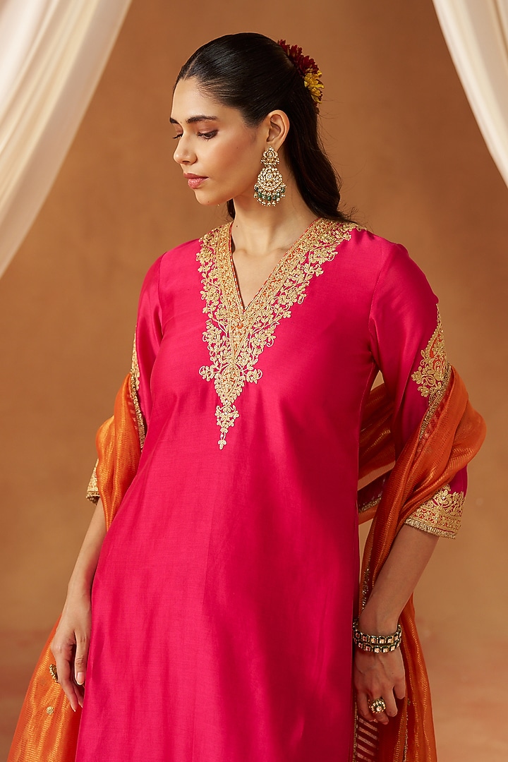 Hot Pink Pure Silk Chanderi Sequin Embroidered Choga Kurta Set by Sheetal Batra at Pernia's Pop Up Shop