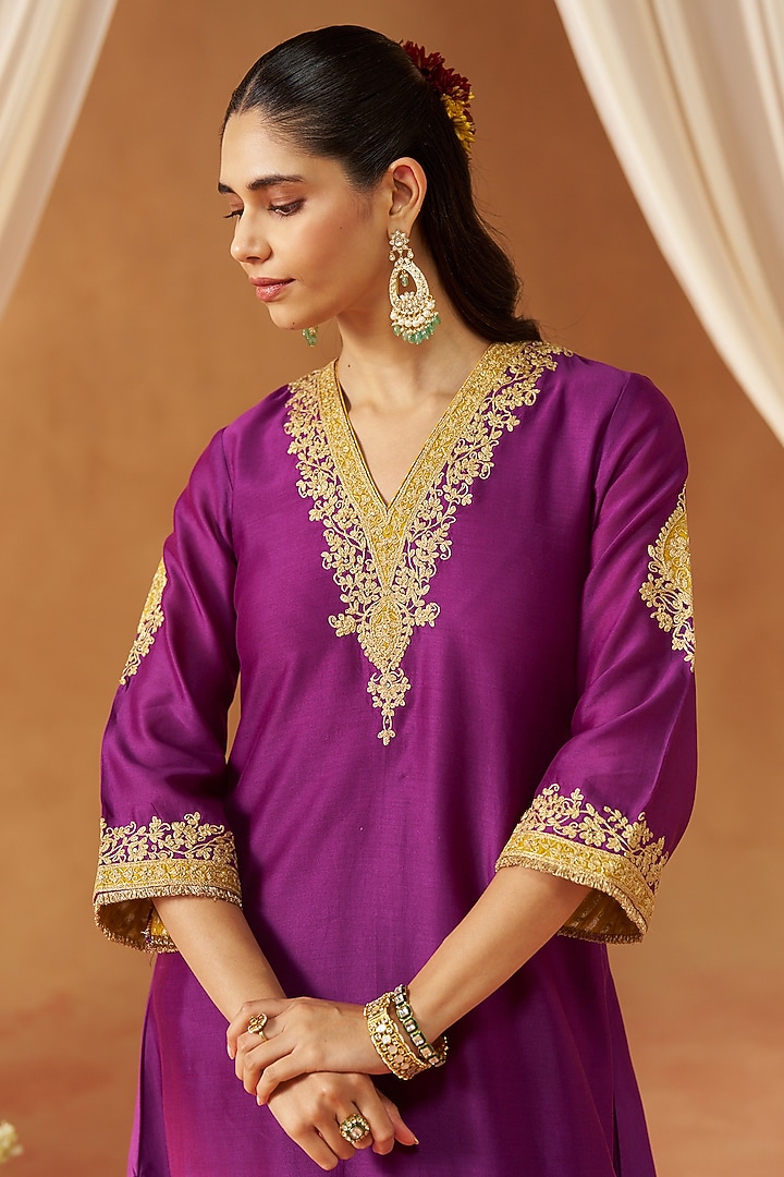 Deep Purple Pure Silk Chanderi Sequin Embroidered Choga Kurta Set by Sheetal Batra at Pernia's Pop Up Shop