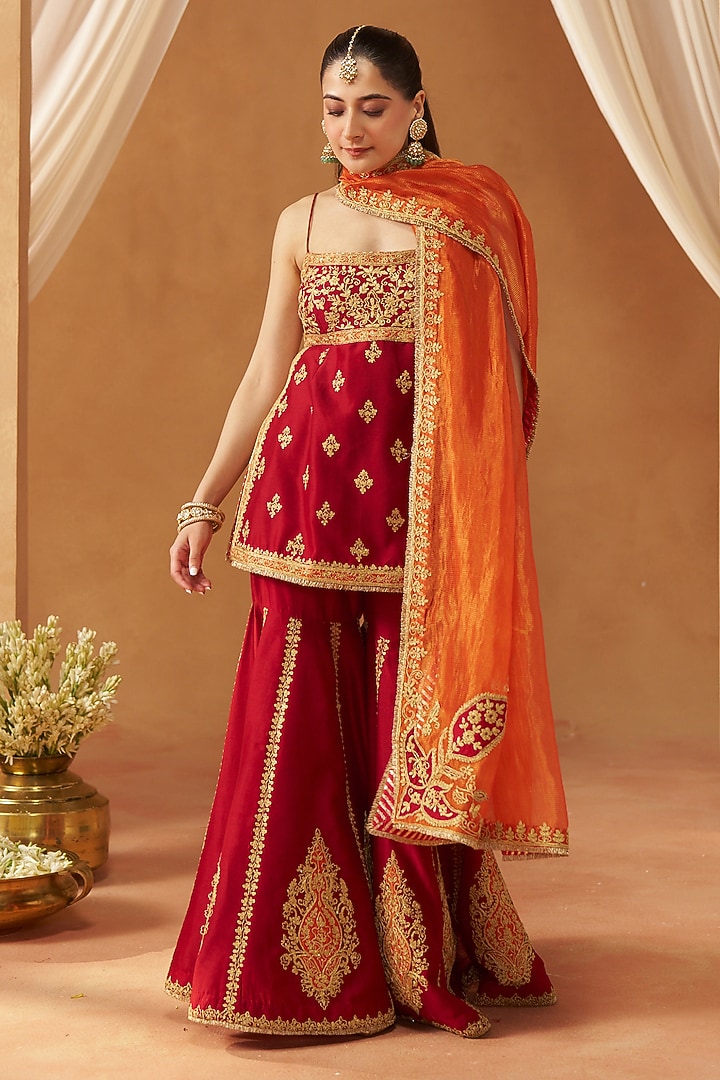 Deep Red Silk Chanderi Sequin Embroidered Gharara Set by Sheetal Batra at Pernia's Pop Up Shop