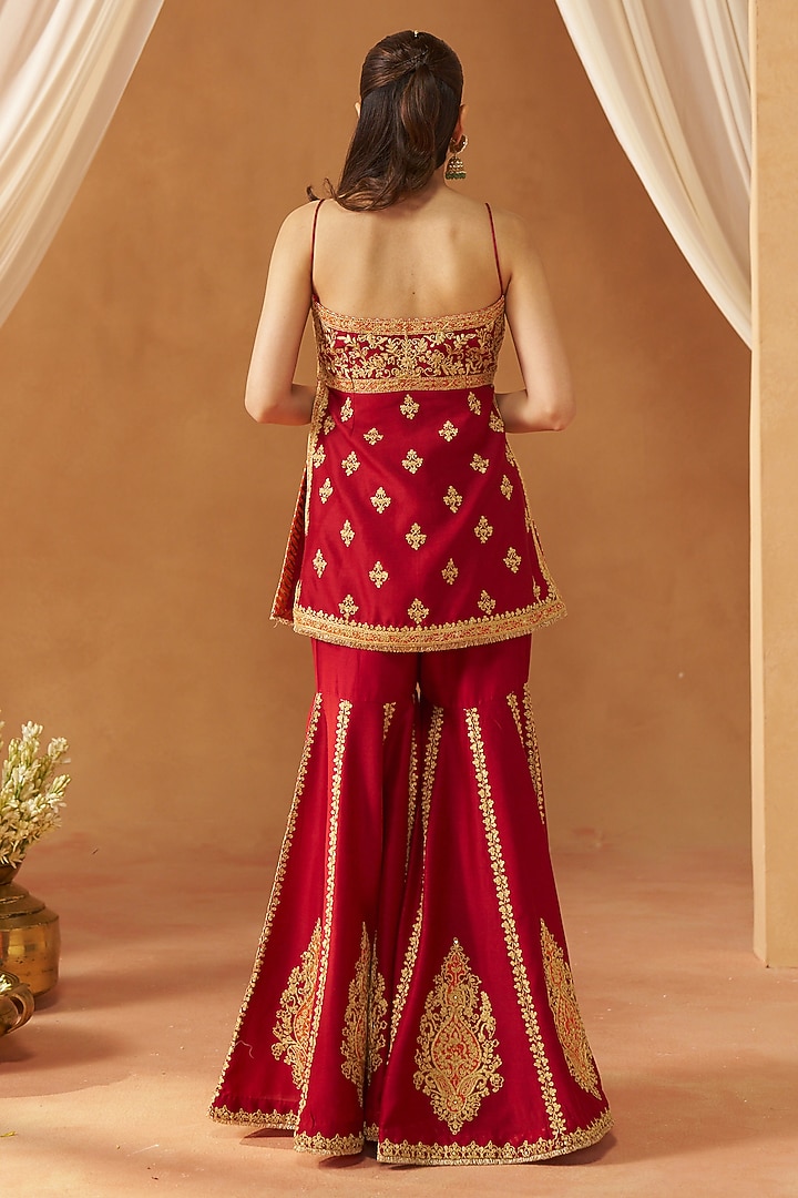 Deep Red Silk Chanderi Sequin Embroidered Gharara Set by Sheetal Batra at Pernia's Pop Up Shop