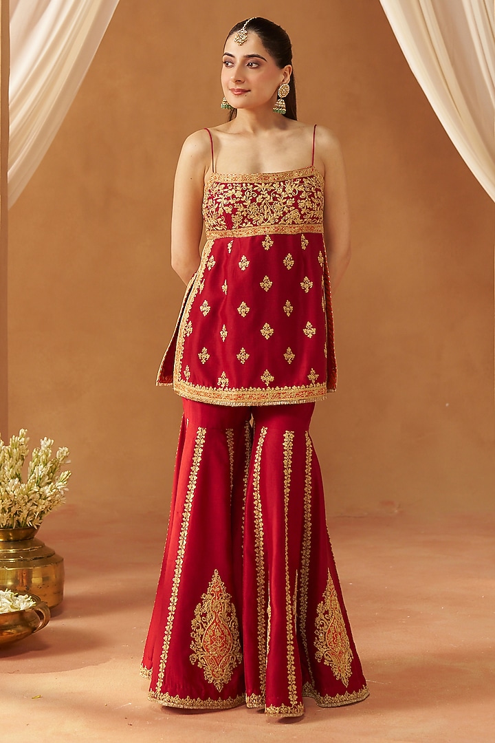 Deep Red Silk Chanderi Sequin Embroidered Gharara Set by Sheetal Batra at Pernia's Pop Up Shop