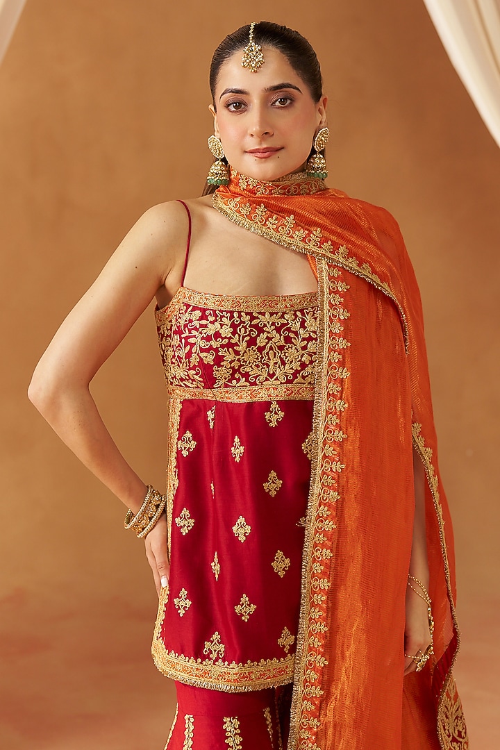 Deep Red Silk Chanderi Sequin Embroidered Gharara Set by Sheetal Batra at Pernia's Pop Up Shop