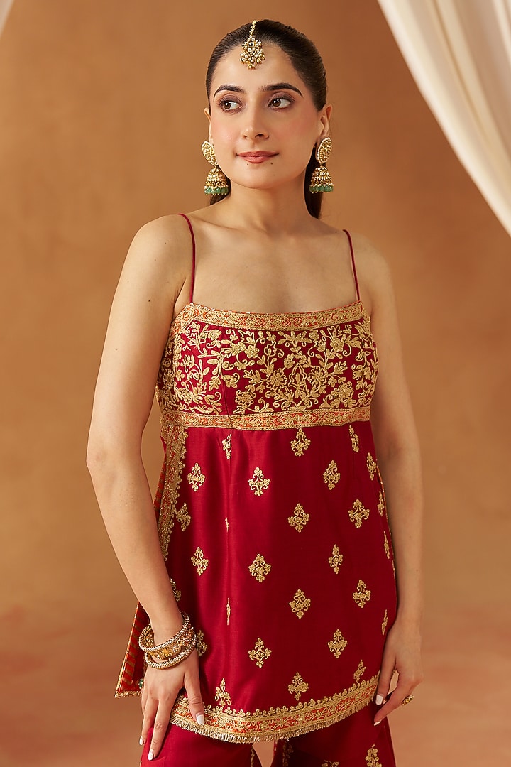 Deep Red Silk Chanderi Sequin Embroidered Gharara Set by Sheetal Batra at Pernia's Pop Up Shop