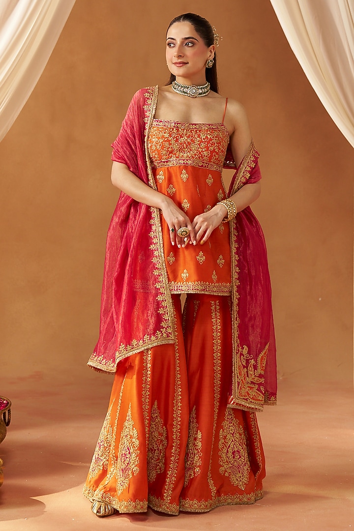 Burnt Orange Silk Chanderi Sequin Embroidered Gharara Set by Sheetal Batra at Pernia's Pop Up Shop