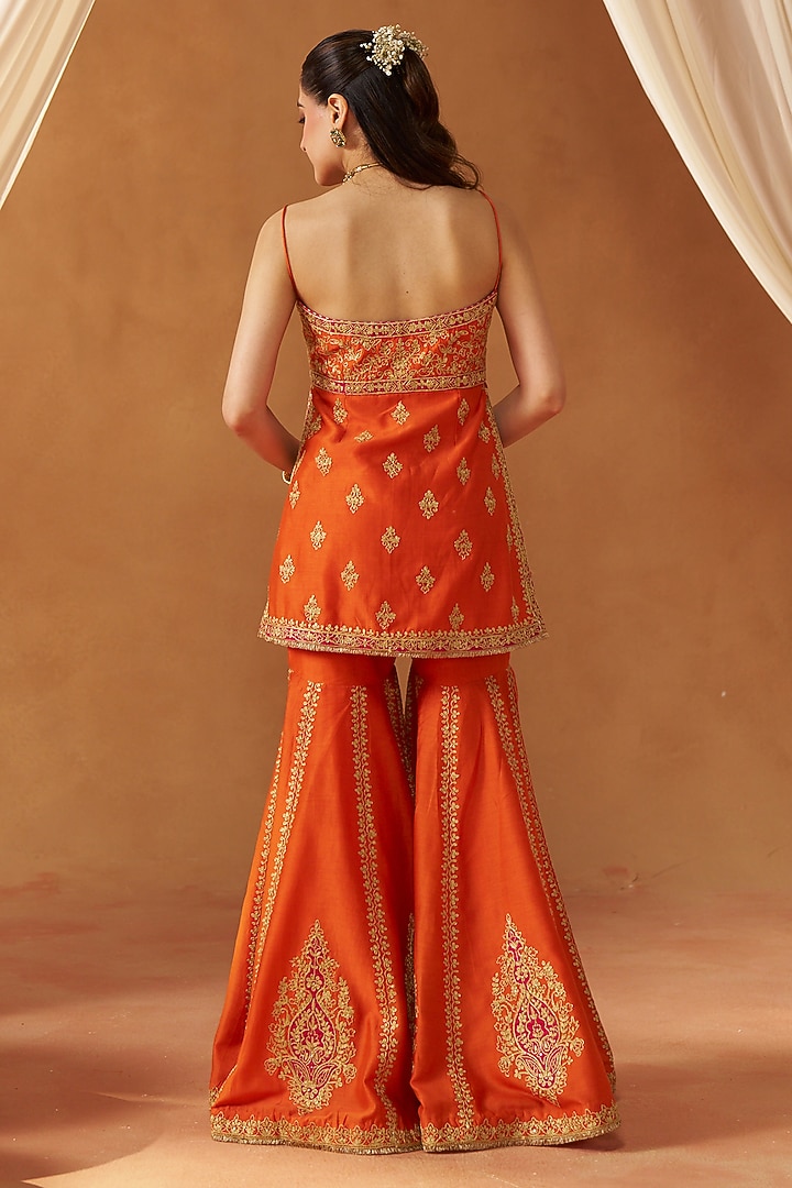 Burnt Orange Silk Chanderi Sequin Embroidered Gharara Set by Sheetal Batra at Pernia's Pop Up Shop