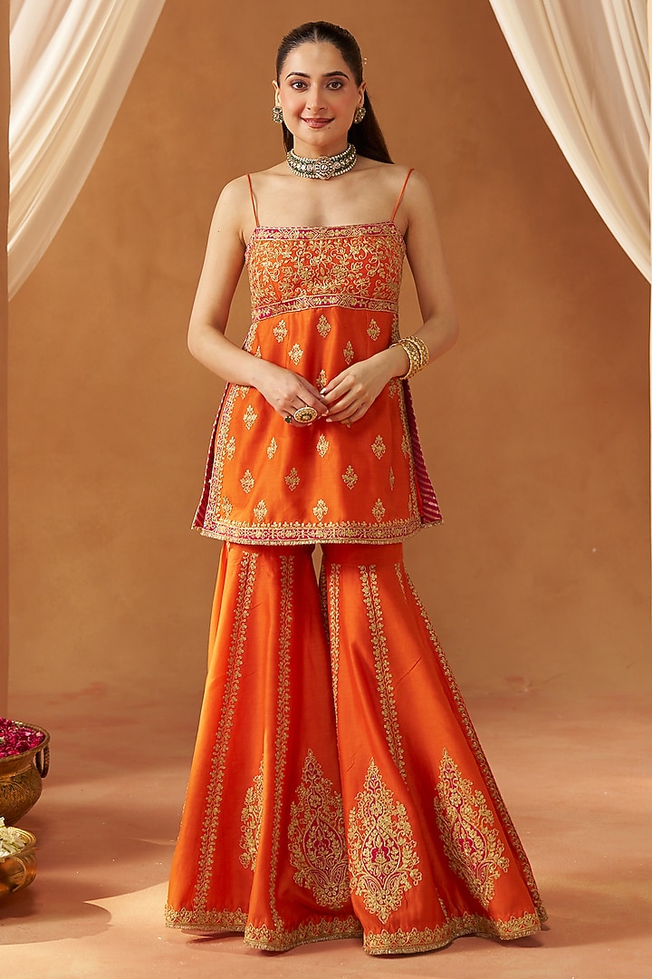 Burnt Orange Silk Chanderi Sequin Embroidered Gharara Set by Sheetal Batra at Pernia's Pop Up Shop