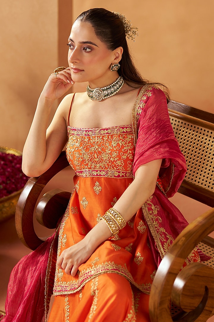 Burnt Orange Silk Chanderi Sequin Embroidered Gharara Set by Sheetal Batra at Pernia's Pop Up Shop