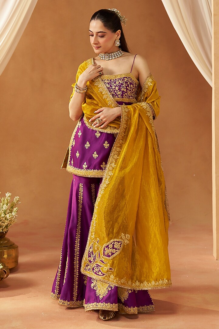 Deep Purple Silk Chanderi Sequin Embroidered Gharara Set by Sheetal Batra at Pernia's Pop Up Shop