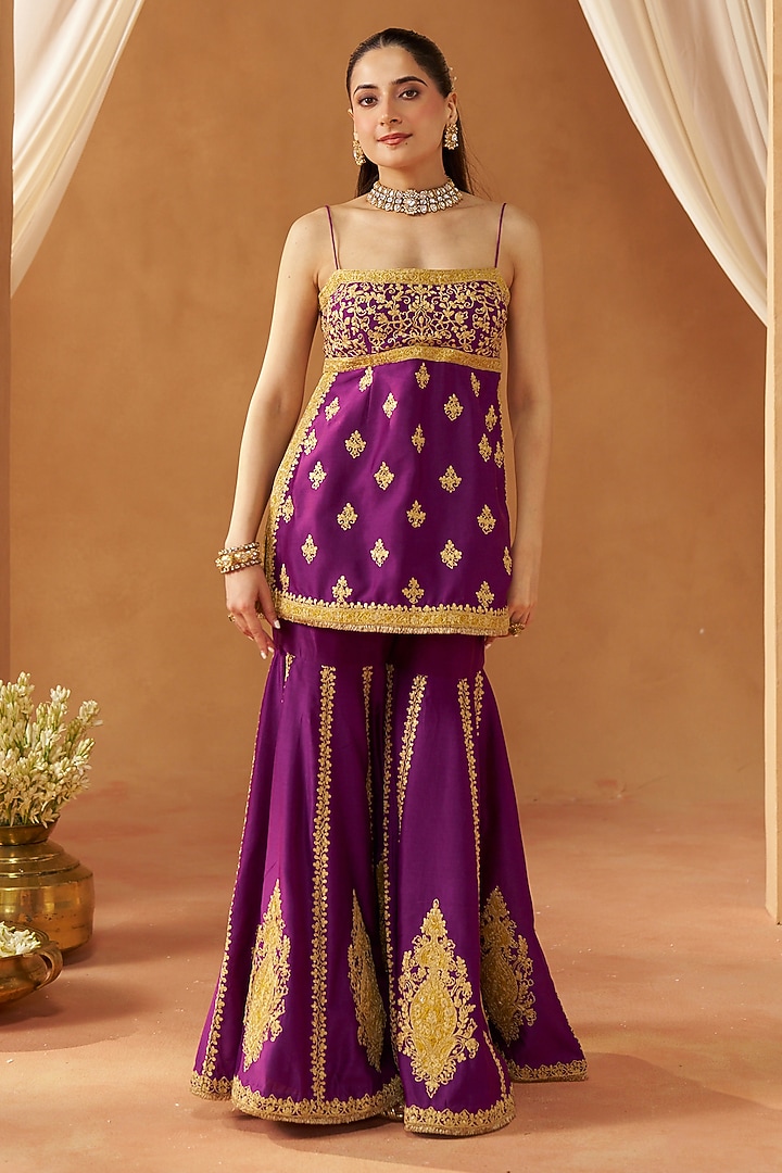 Deep Purple Silk Chanderi Sequin Embroidered Gharara Set by Sheetal Batra at Pernia's Pop Up Shop