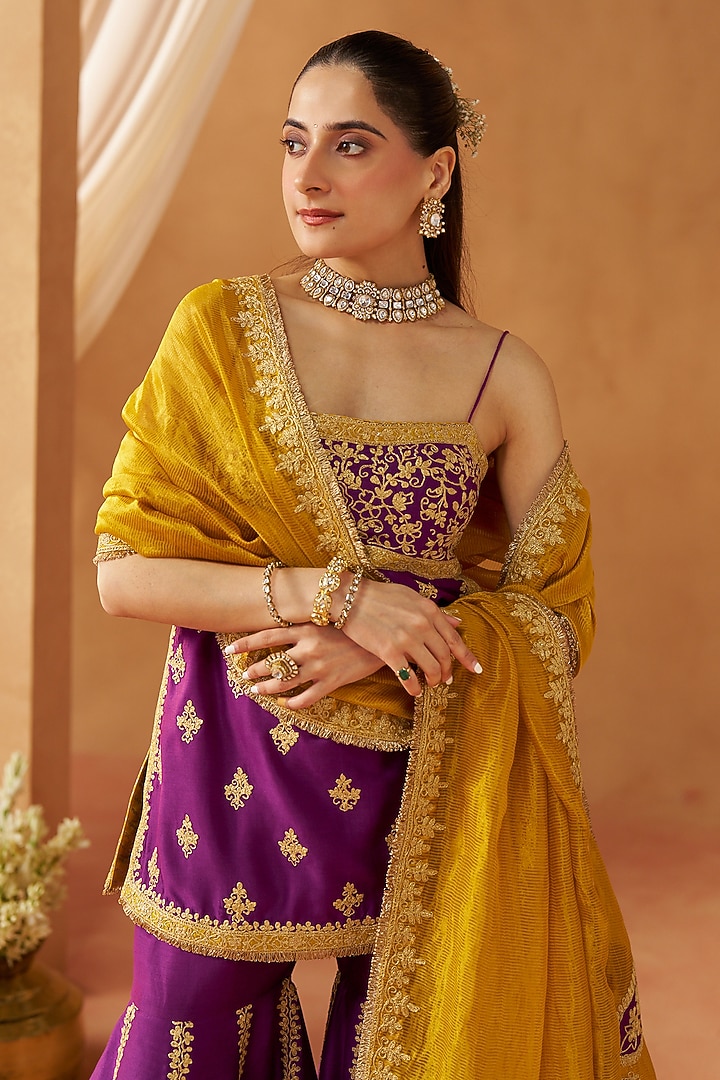 Deep Purple Silk Chanderi Sequin Embroidered Gharara Set by Sheetal Batra at Pernia's Pop Up Shop