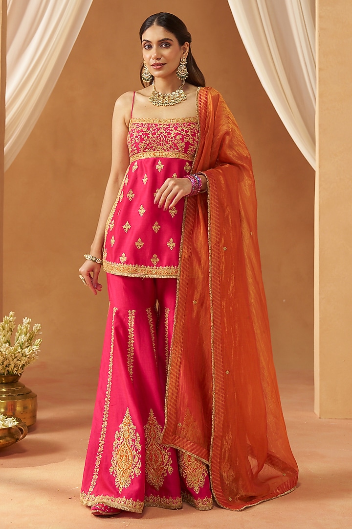 Hot Pink Silk Chanderi Sequin Embroidered Gharara Set by Sheetal Batra at Pernia's Pop Up Shop