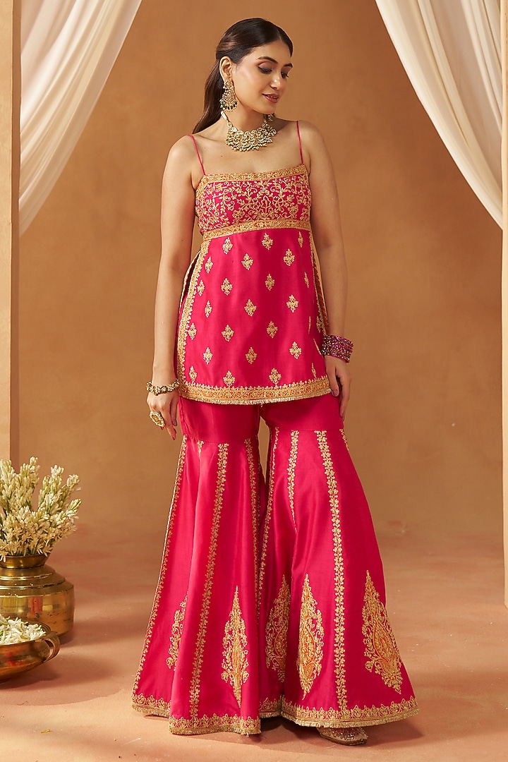 Hot Pink Silk Chanderi Sequin Embroidered Gharara Set by Sheetal Batra at Pernia's Pop Up Shop