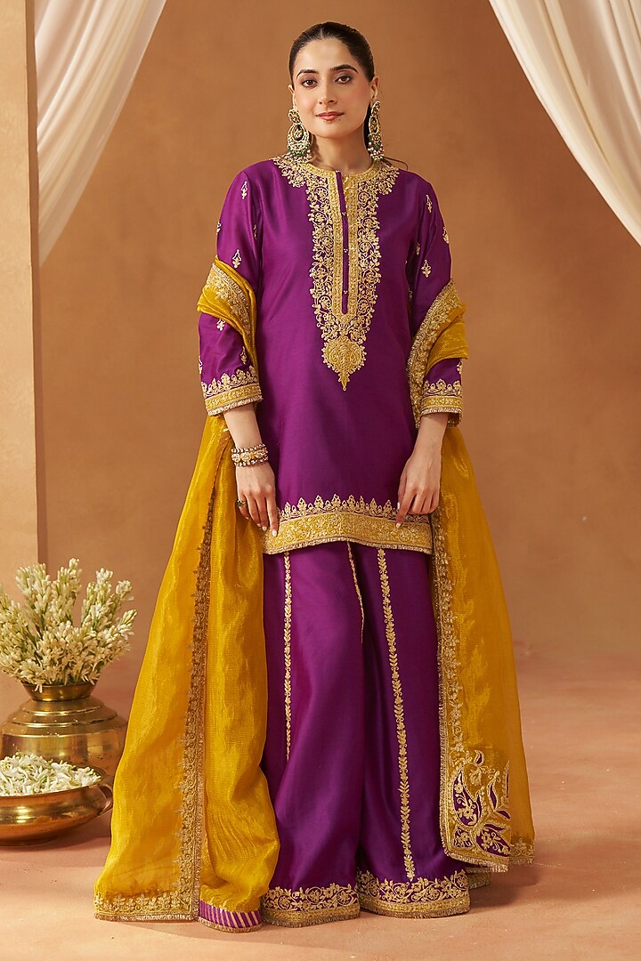 Deep Purple Silk Chanderi Kashmiri Tilla Embroidered Wedding Sharara Set by Sheetal Batra at Pernia's Pop Up Shop