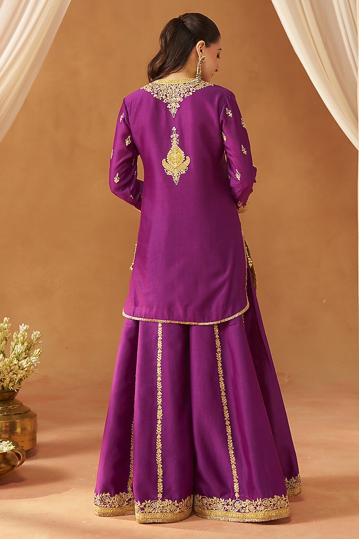 Deep Purple Silk Chanderi Kashmiri Tilla Embroidered Wedding Sharara Set by Sheetal Batra at Pernia's Pop Up Shop