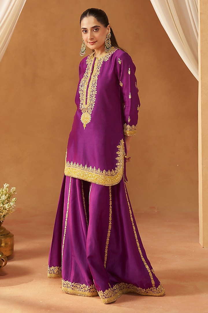 Deep Purple Silk Chanderi Kashmiri Tilla Embroidered Wedding Sharara Set by Sheetal Batra at Pernia's Pop Up Shop