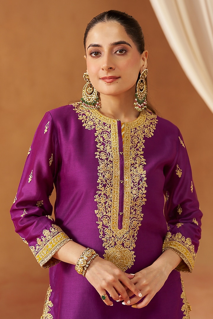 Deep Purple Silk Chanderi Kashmiri Tilla Embroidered Wedding Sharara Set by Sheetal Batra at Pernia's Pop Up Shop