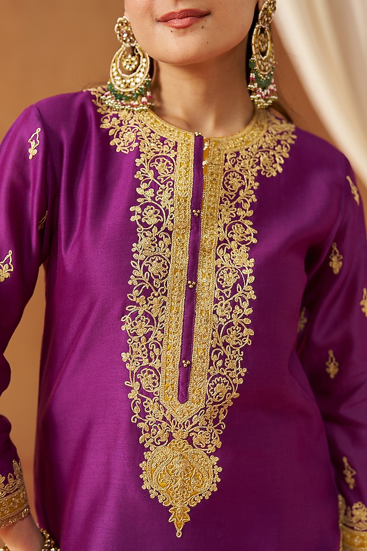 Deep Purple Silk Chanderi Kashmiri Tilla Embroidered Wedding Sharara Set by Sheetal Batra at Pernia's Pop Up Shop