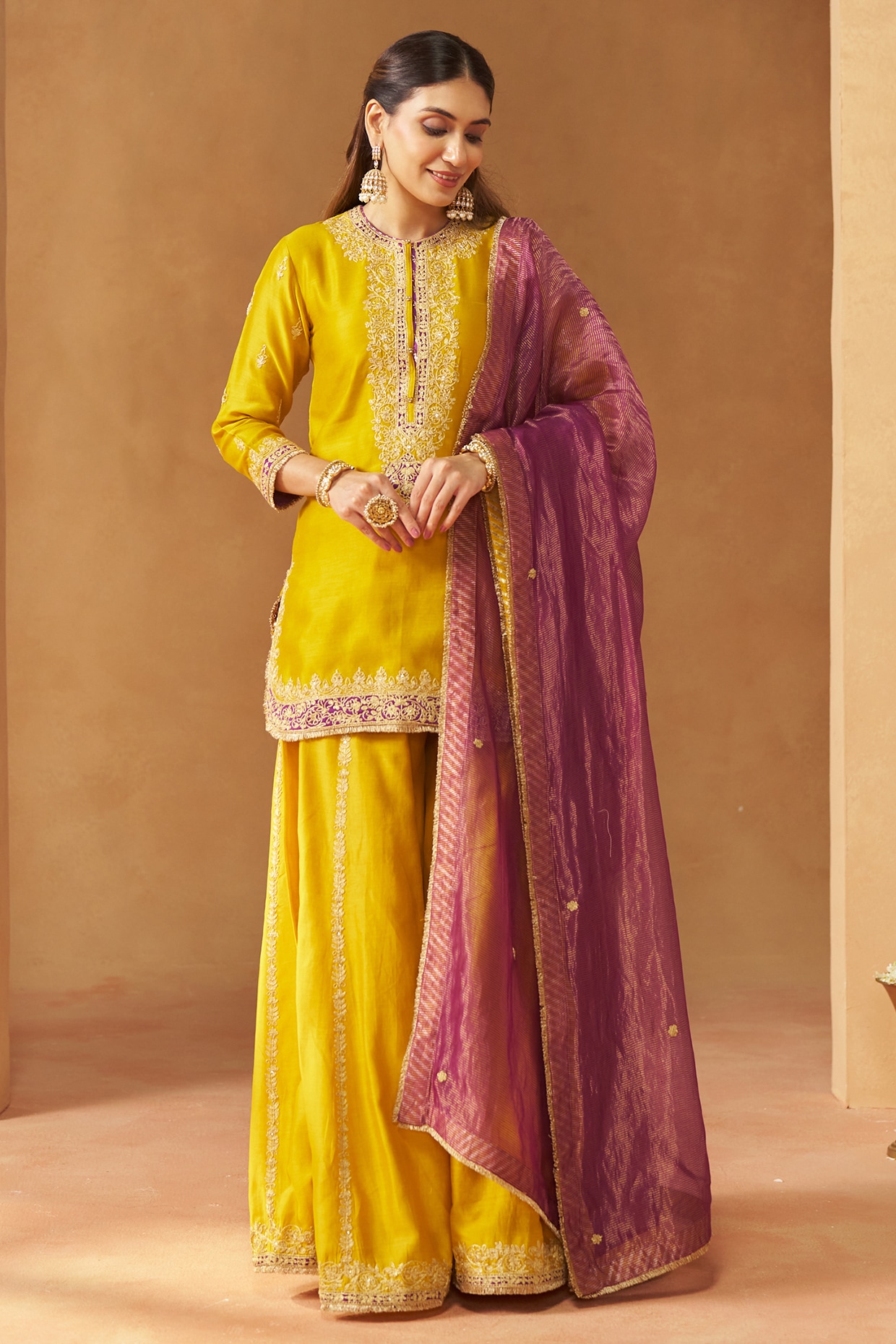 Sheetal Batra Mustard Silk Chanderi Kashmiri Tilla Embroidered Sharara Set
