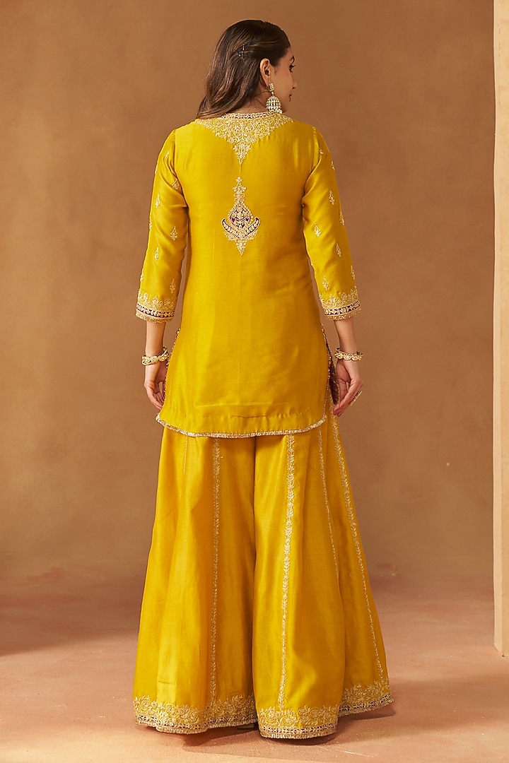 Mustard Silk Chanderi Kashmiri Tilla Embroidered Wedding Sharara Set by Sheetal Batra at Pernia's Pop Up Shop