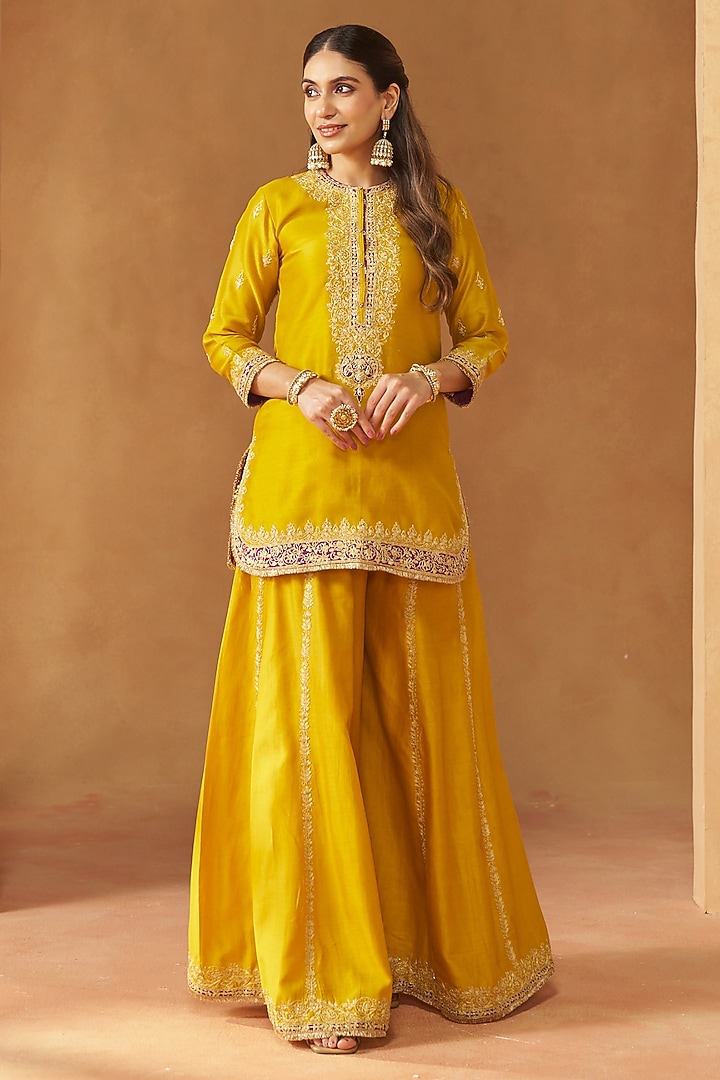 Mustard Silk Chanderi Kashmiri Tilla Embroidered Wedding Sharara Set by Sheetal Batra at Pernia's Pop Up Shop