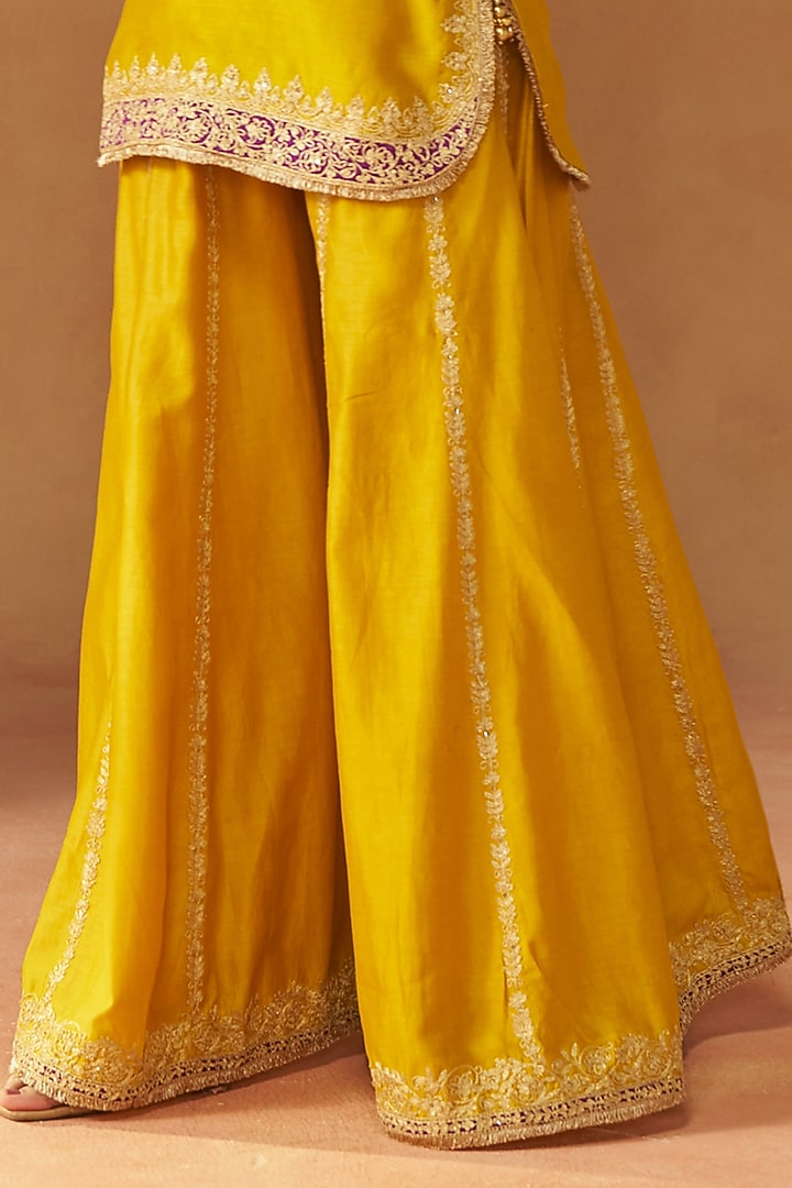 Mustard Silk Chanderi Kashmiri Tilla Embroidered Wedding Sharara Set by Sheetal Batra at Pernia's Pop Up Shop