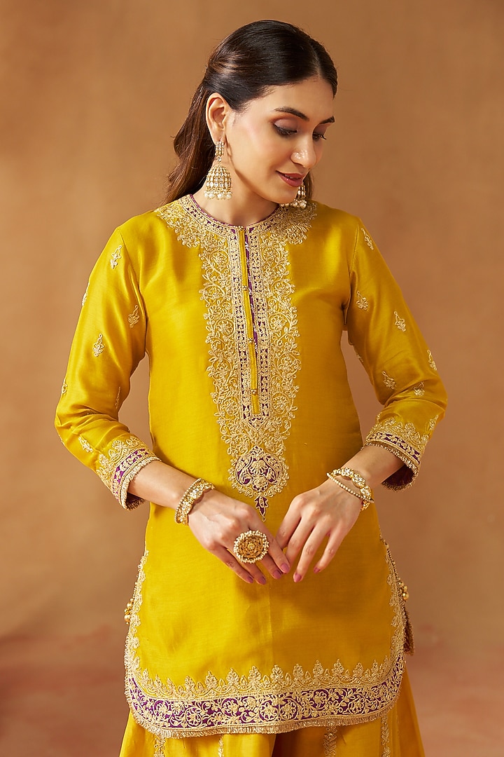 Mustard Silk Chanderi Kashmiri Tilla Embroidered Wedding Sharara Set by Sheetal Batra at Pernia's Pop Up Shop