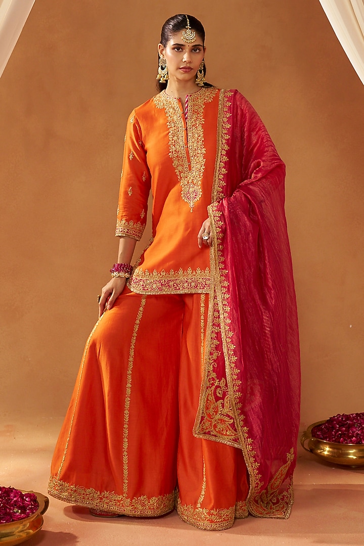 Burnt Orange Silk Chanderi Kashmiri Tilla Embroidered Wedding Sharara Set by Sheetal Batra at Pernia's Pop Up Shop