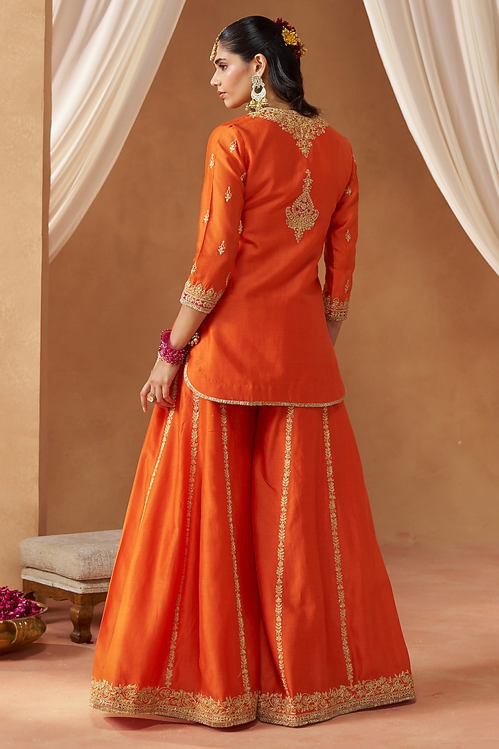 Burnt Orange Silk Chanderi Kashmiri Tilla Embroidered Wedding Sharara Set by Sheetal Batra at Pernia's Pop Up Shop