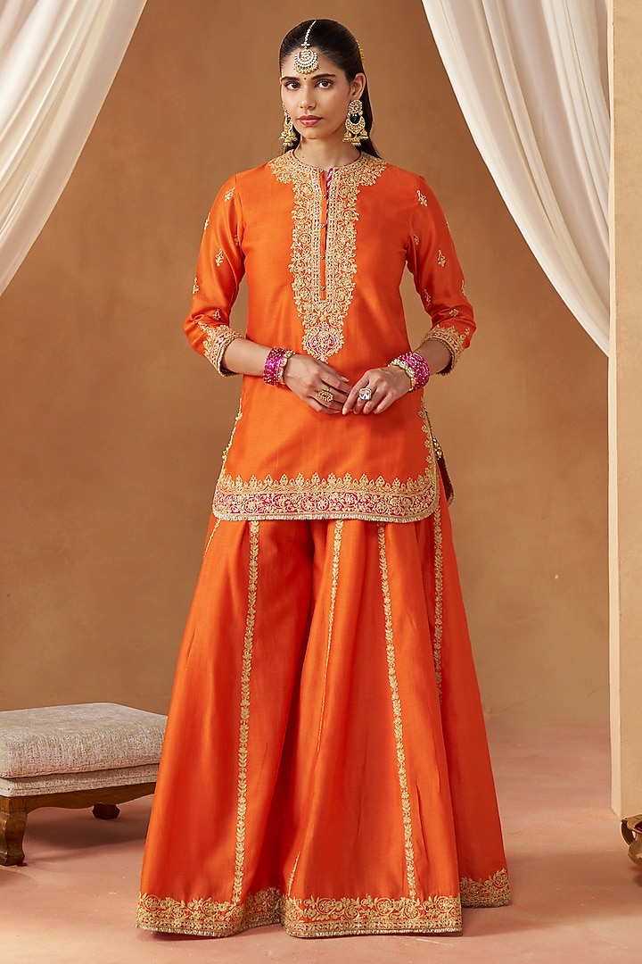Burnt Orange Silk Chanderi Kashmiri Tilla Embroidered Wedding Sharara Set by Sheetal Batra at Pernia's Pop Up Shop