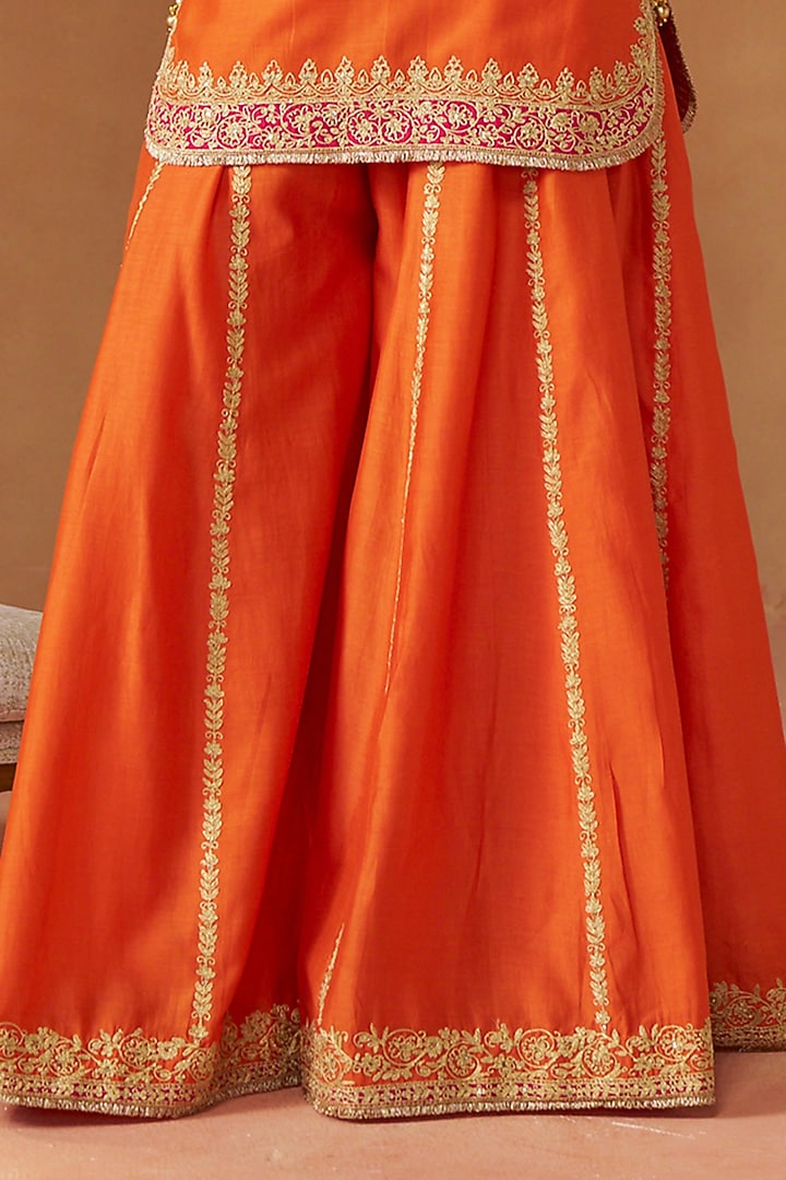Burnt Orange Silk Chanderi Kashmiri Tilla Embroidered Wedding Sharara Set by Sheetal Batra at Pernia's Pop Up Shop