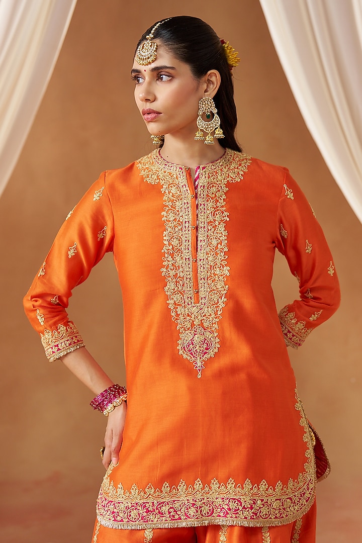 Burnt Orange Silk Chanderi Kashmiri Tilla Embroidered Wedding Sharara Set by Sheetal Batra at Pernia's Pop Up Shop