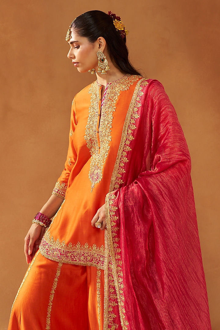 Burnt Orange Silk Chanderi Kashmiri Tilla Embroidered Wedding Sharara Set by Sheetal Batra at Pernia's Pop Up Shop