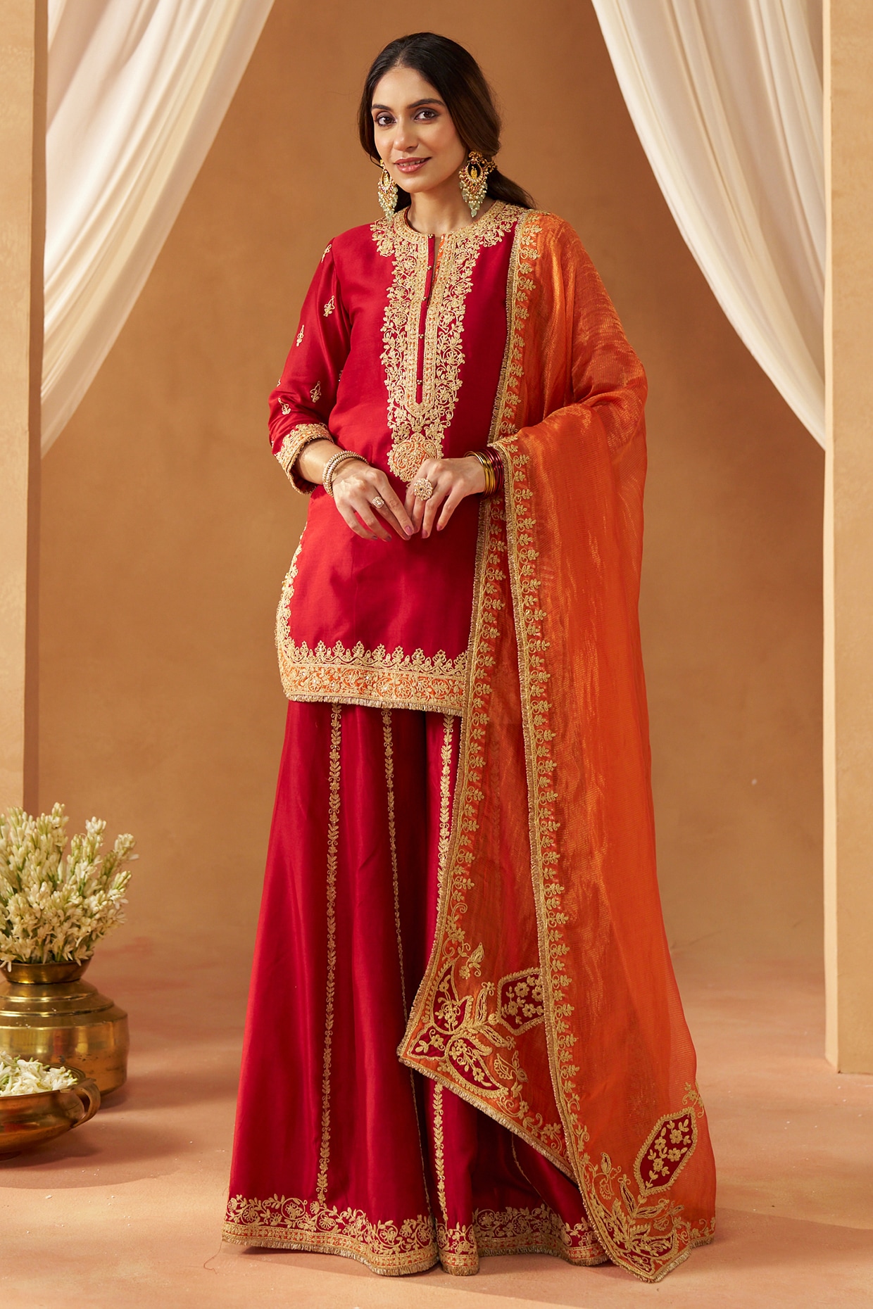 Sheetal Batra Deep Red Silk Chanderi Sequin Embroidered Sharara Set